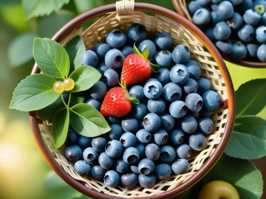 Una cesta de frutas antioxidantes con brillo de rocío bajo el sol, en un huerto frondoso