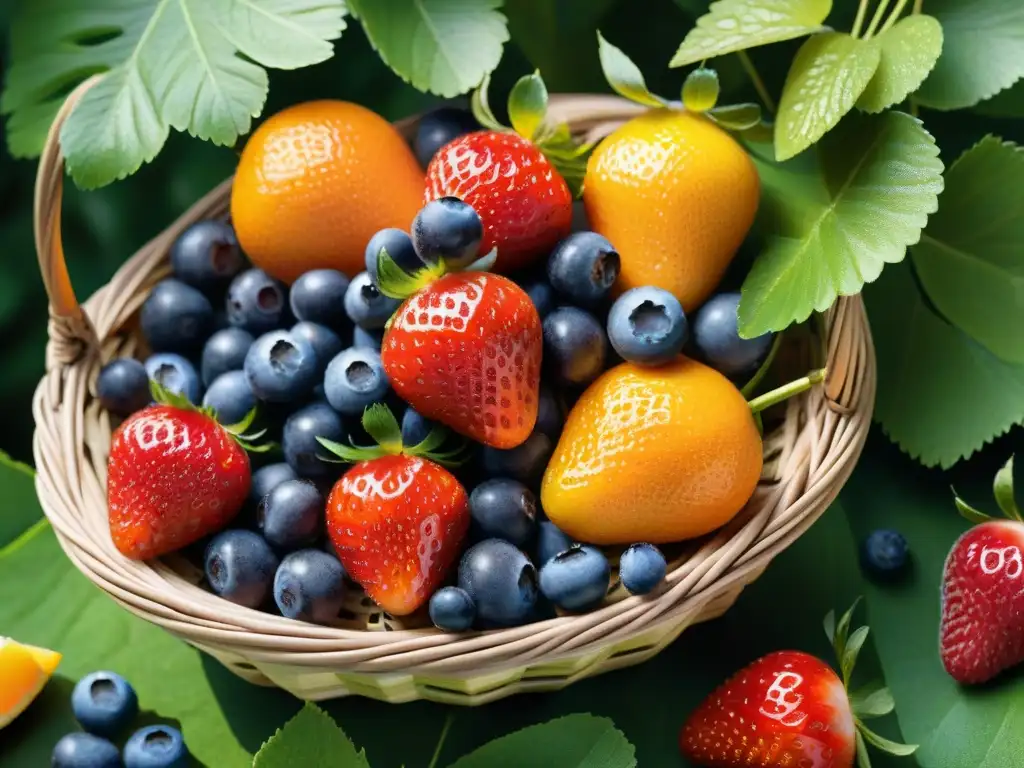 Una cesta de frutas coloridas y frescas, con gotas de agua brillantes, rodeada de hojas verdes