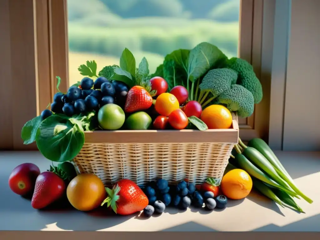 Una cesta de frutas y verduras frescas, vibrantes y detalladas, iluminadas por el sol