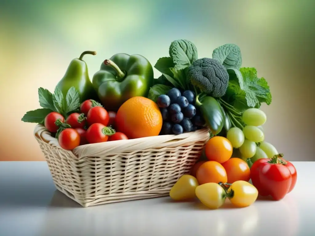 Una cesta de mimbre llena de frutas y verduras frescas y coloridas