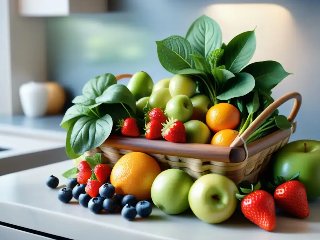 Un cesto de frutas y verduras frescas en una cocina soleada, goteando y coloridas