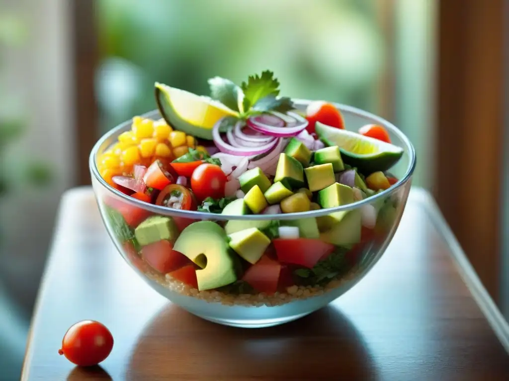 Un ceviche fresco y sin gluten, lleno de coloridos ingredientes en un tazón de vidrio sobre una mesa de madera clara