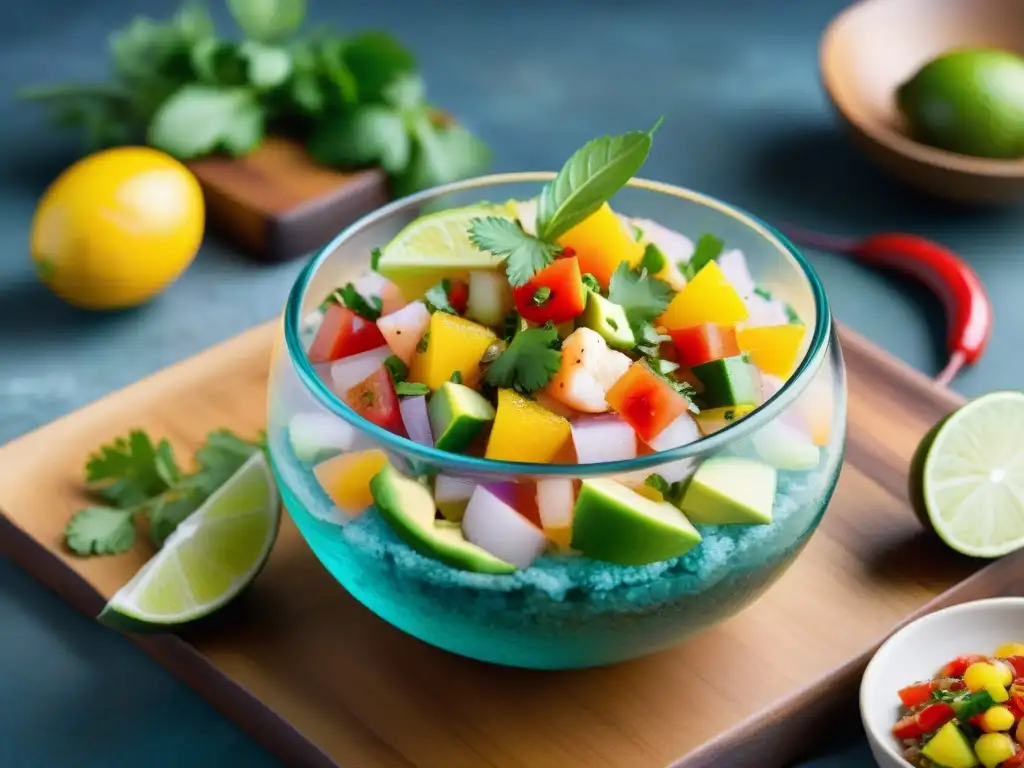 Un ceviche sin gluten fresco en un bol decorativo, con pescado, cítricos, verduras y hierbas, decorado con aguacate y cilantro