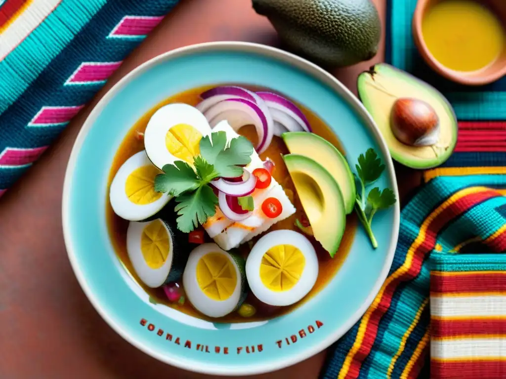 Un ceviche peruano tradicional sin gluten, con pescado fresco, aguacate, cebolla roja y cilantro, en plato de cerámica artesanal