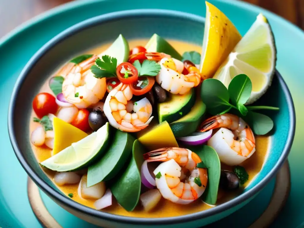 Un ceviche vibrante de mariscos latinos sin gluten, fresco y colorido en un plato cerámico