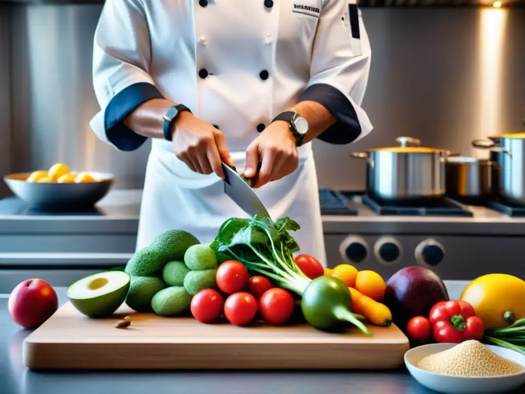 Un chef prepara meticulosamente alimentos sin gluten en una cocina organizada, evocando expertise en planificación menús sin gluten contaminación