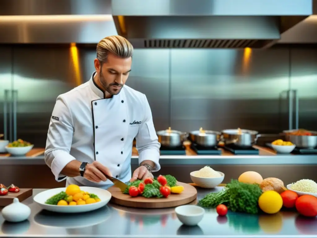 Un chef de alta cocina crea con esmero un exquisito plato sin gluten en una moderna cocina