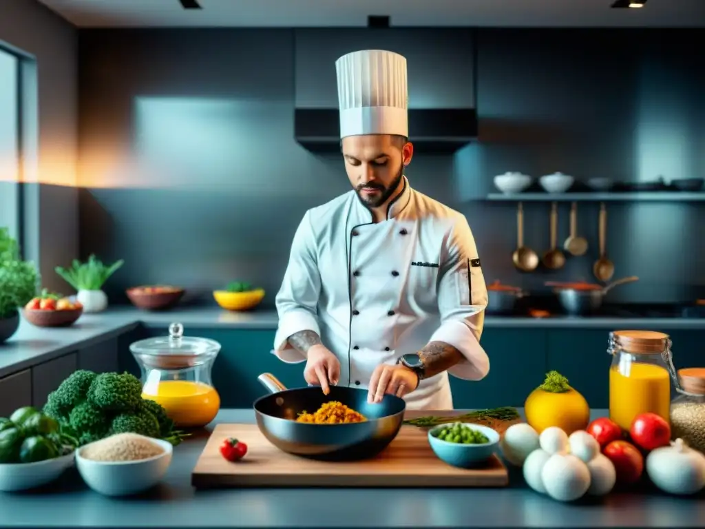 Un chef apasionado cocina sin gluten en una moderna cocina equipada, rodeado de ingredientes frescos y coloridos