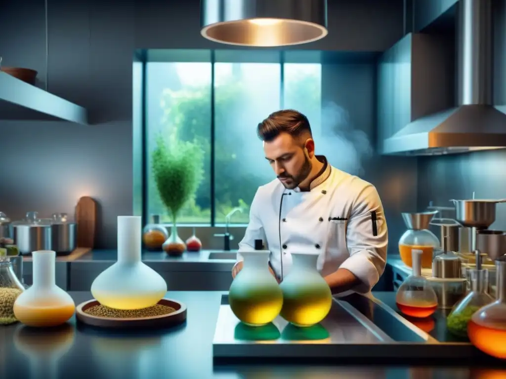 Un chef apasionado en una cocina moderna, perfeccionando sabores sin gluten con técnicas científicas