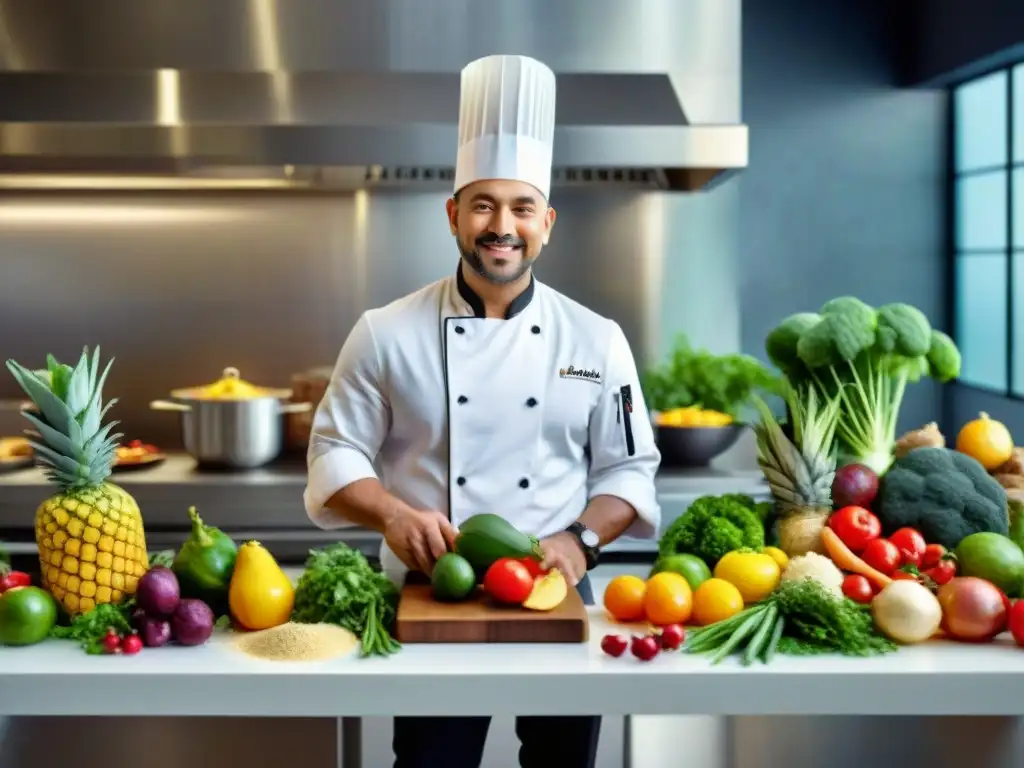 Un chef apasionado preparando una deliciosa receta en una cocina moderna, con ingredientes sin gluten