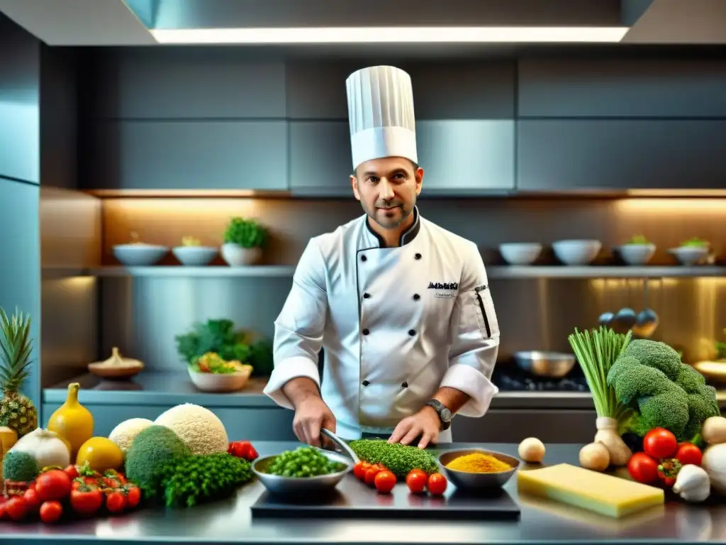 Un chef apasionado en una moderna cocina sin gluten, preparando plato con técnicas culinarias