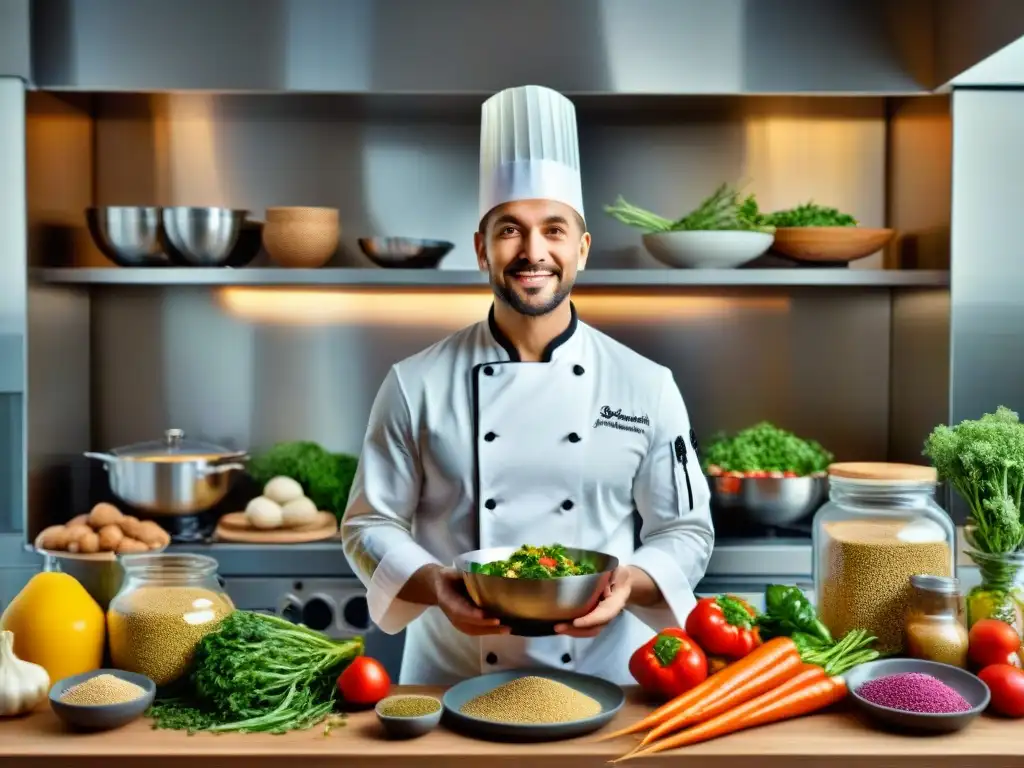 Un chef apasionado crea en una moderna cocina sin gluten con sabor, rodeado de ingredientes frescos y coloridos