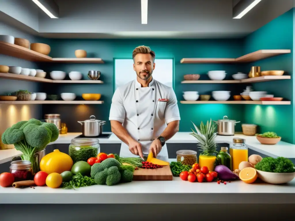 Un chef apasionado prepara una receta sin gluten innovadora en una cocina moderna, rodeado de ingredientes frescos y coloridos