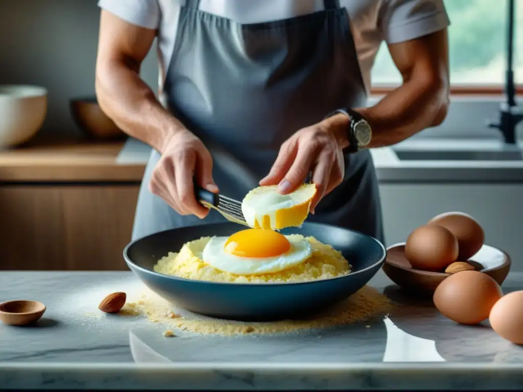 Chef preparando un bizcocho esponjoso sin gluten con delicadeza, en una cocina bañada por la cálida luz matutina