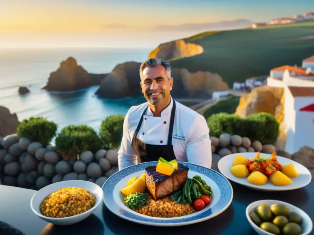 Un chef asando bacalao a la brasa sin gluten en un restaurante portugués con vistas al mar al atardecer