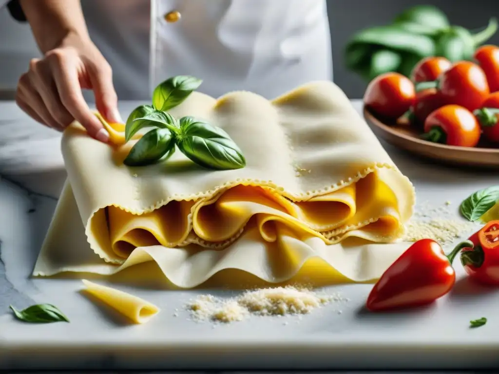 Un chef prepara lasañas y canelones sin gluten con destreza en una encimera de mármol, rodeado de ingredientes frescos