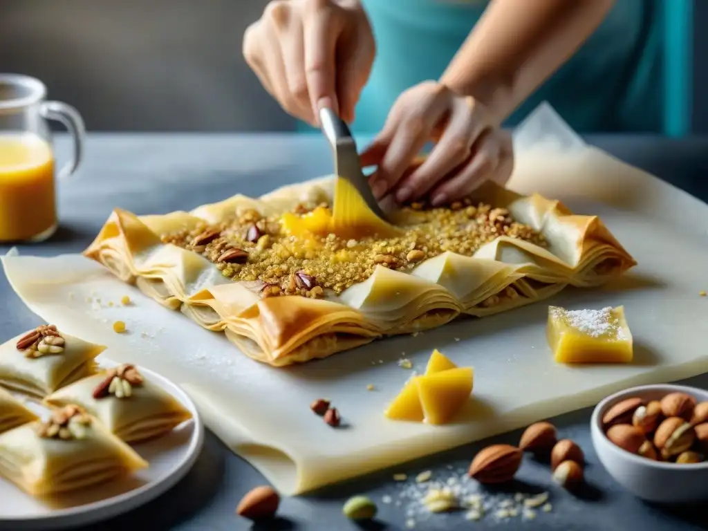 Un chef cuidadosamente preparando baklava sin gluten, capas de masa filo con mantequilla y nueces, en una cocina luminosa