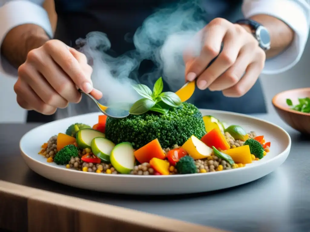 Chef creando cazuelas sin gluten innovadoras con ingredientes coloridos en un plato moderno