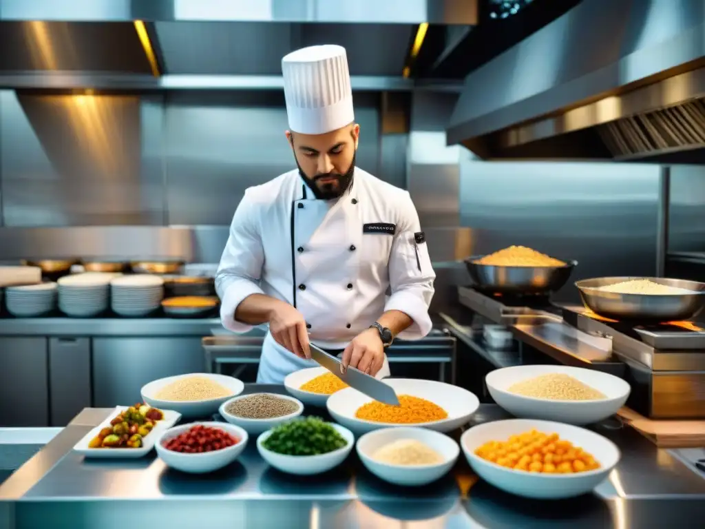 Chef en cocina concurrida preparando platillo sin gluten en estación dedicada, evitando contaminación cruzada alimentos sin gluten