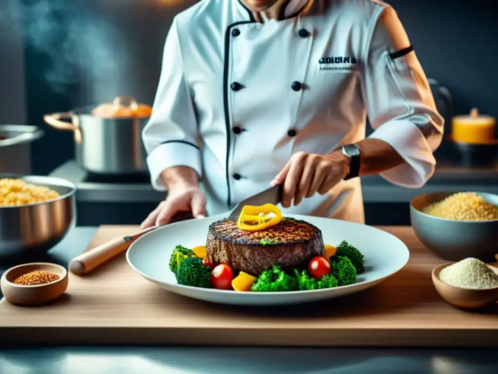 Un chef en una cocina sin gluten innovadora, creando platos gourmet con tecnología de vanguardia