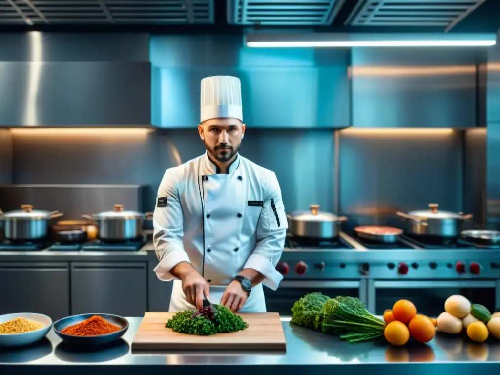 Cocina gourmet sin gluten: Chef innovador en cocina moderna Un chef en una cocina gourmet sin gluten innovadora, demostrando destreza y creatividad culinaria
