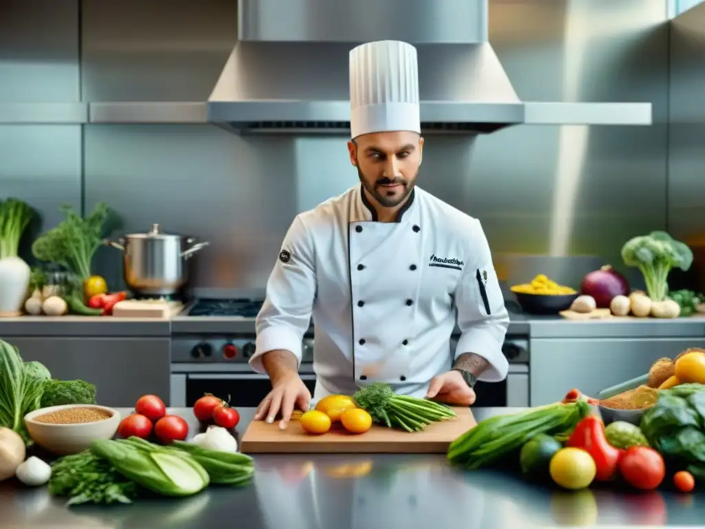 Un chef en una cocina moderna y bien equipada, preparando una deliciosa receta sin gluten