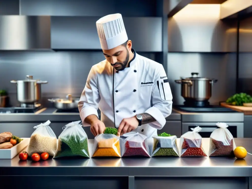 Un chef en una cocina moderna preparando ingredientes sin gluten en bolsas sousvide con precisión