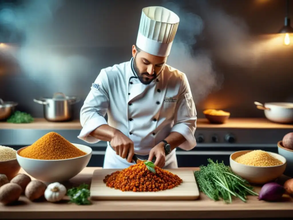 Un chef en una cocina moderna preparando recetas innovadoras sin gluten con quinoa, batata y hierbas frescas