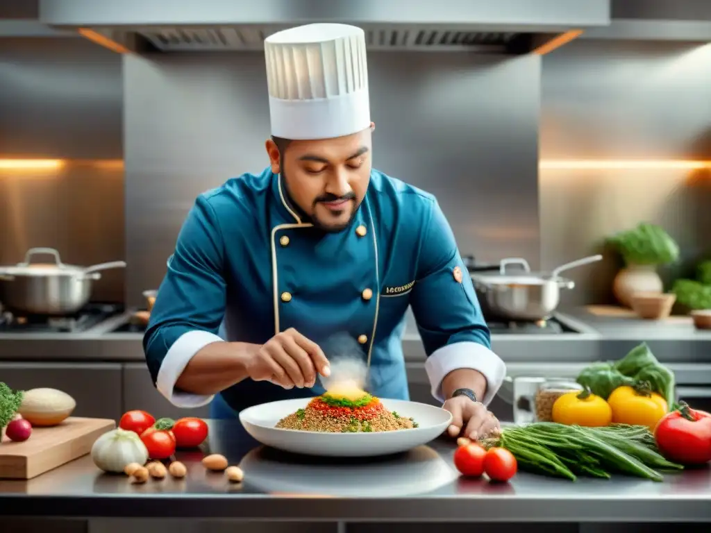 Un chef en una cocina moderna preparando recetas sin gluten innovadoras libro con ingredientes como quinoa, harina de almendra y verduras frescas