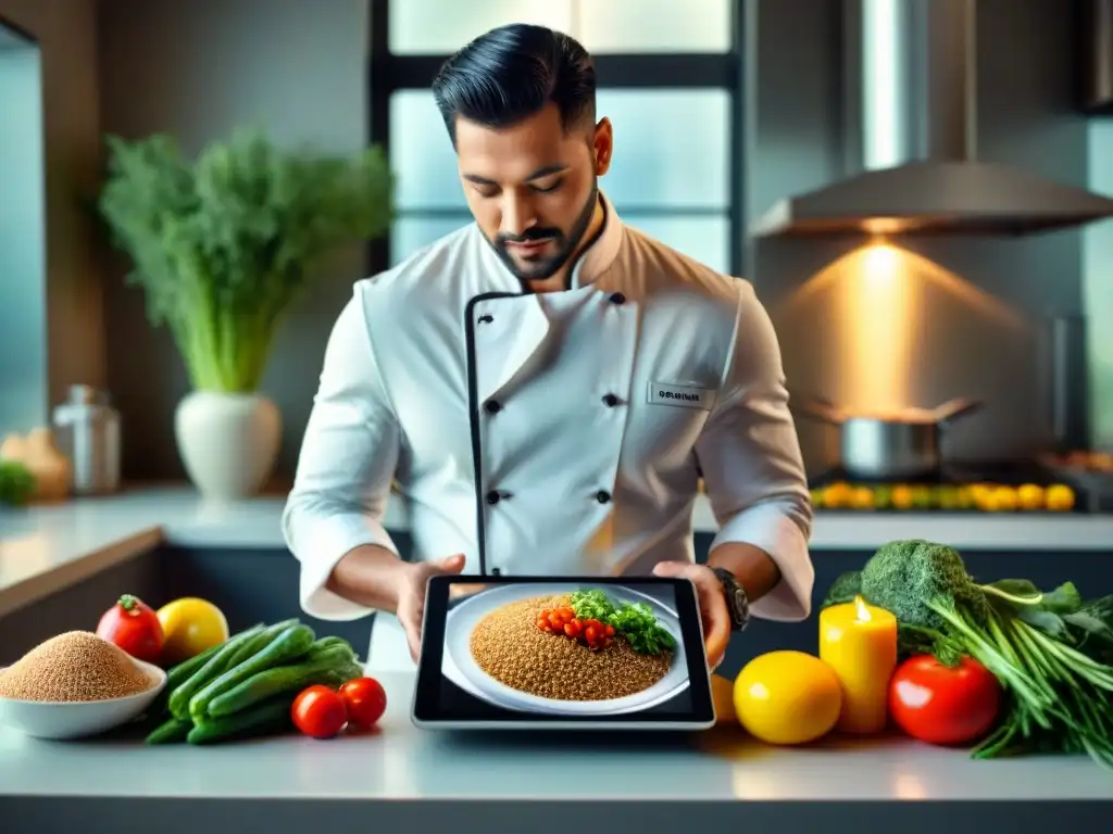 Chef en cocina moderna creando recetas sin gluten personalizadas impresionantes