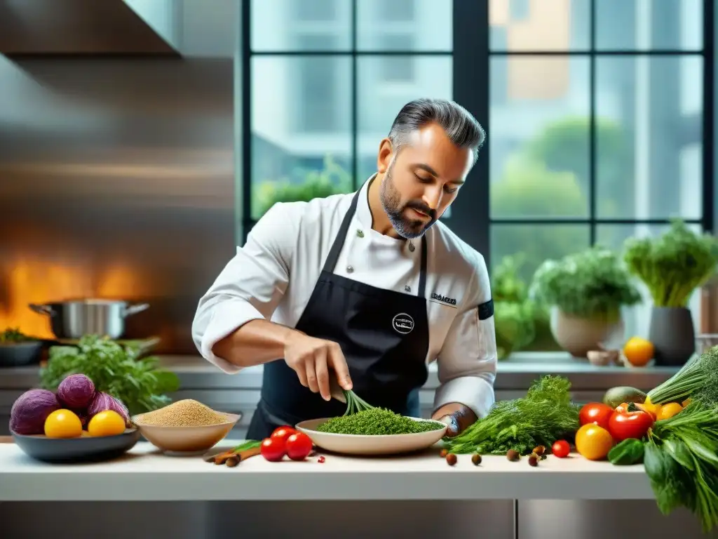 Un chef en su cocina moderna, preparando salsas sin gluten para cocinar con ingredientes frescos y coloridos