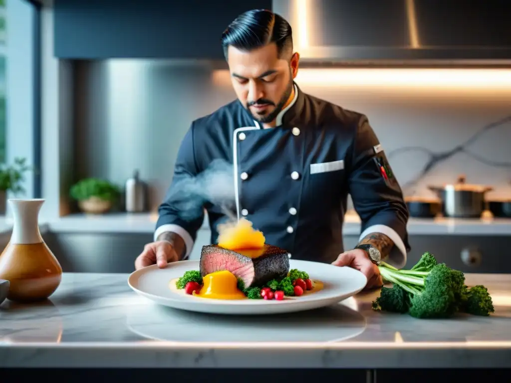 Un chef concentrado coloca un plato sous vide sin gluten en una cocina moderna