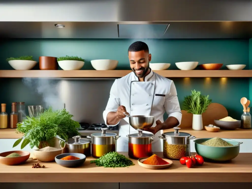 Un chef experimentando con condimentos en una cocina moderna y luminosa