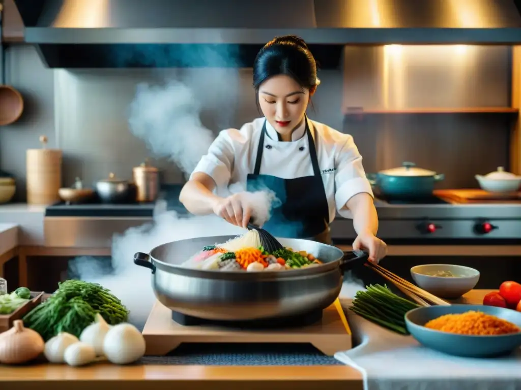 Un chef corta sashimi en una cocina japonesa tradicional, con una mesa llena de ingredientes coloridos