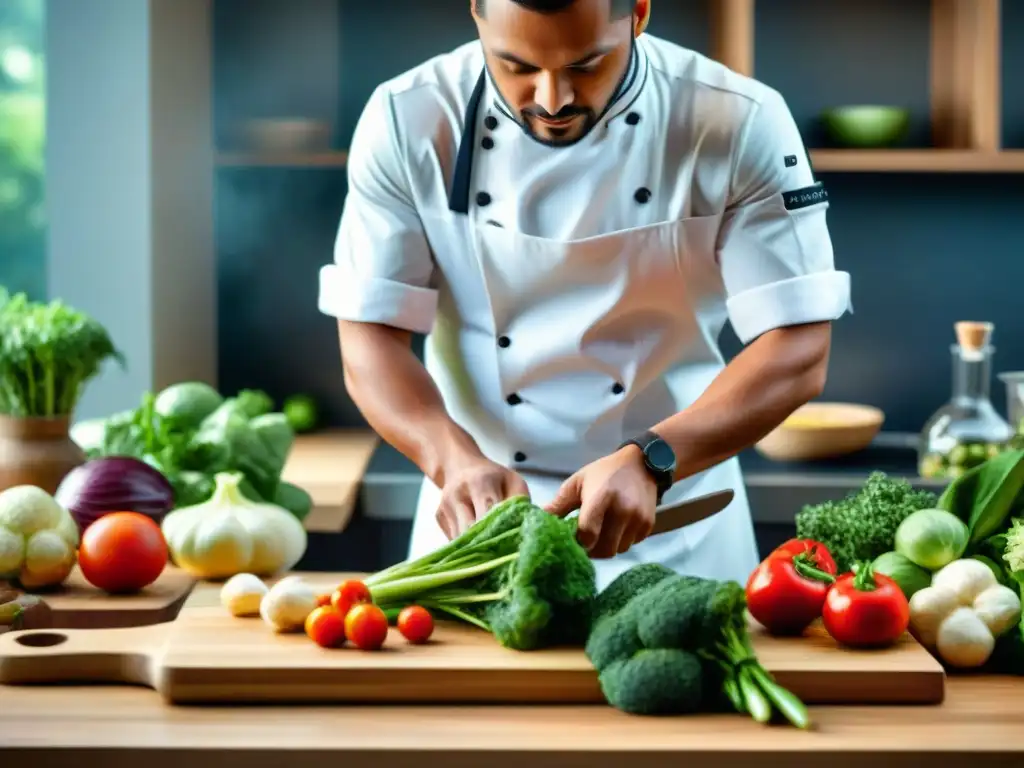 Un chef corta verduras con precisión en un curso online de cocina sin gluten, destacando frescura y arte culinario