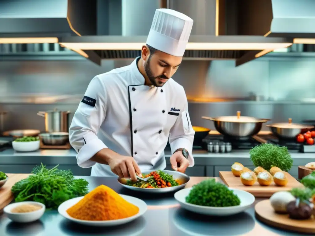 Un chef creativo preparando platos sin gluten innovadores en una cocina moderna y bulliciosa