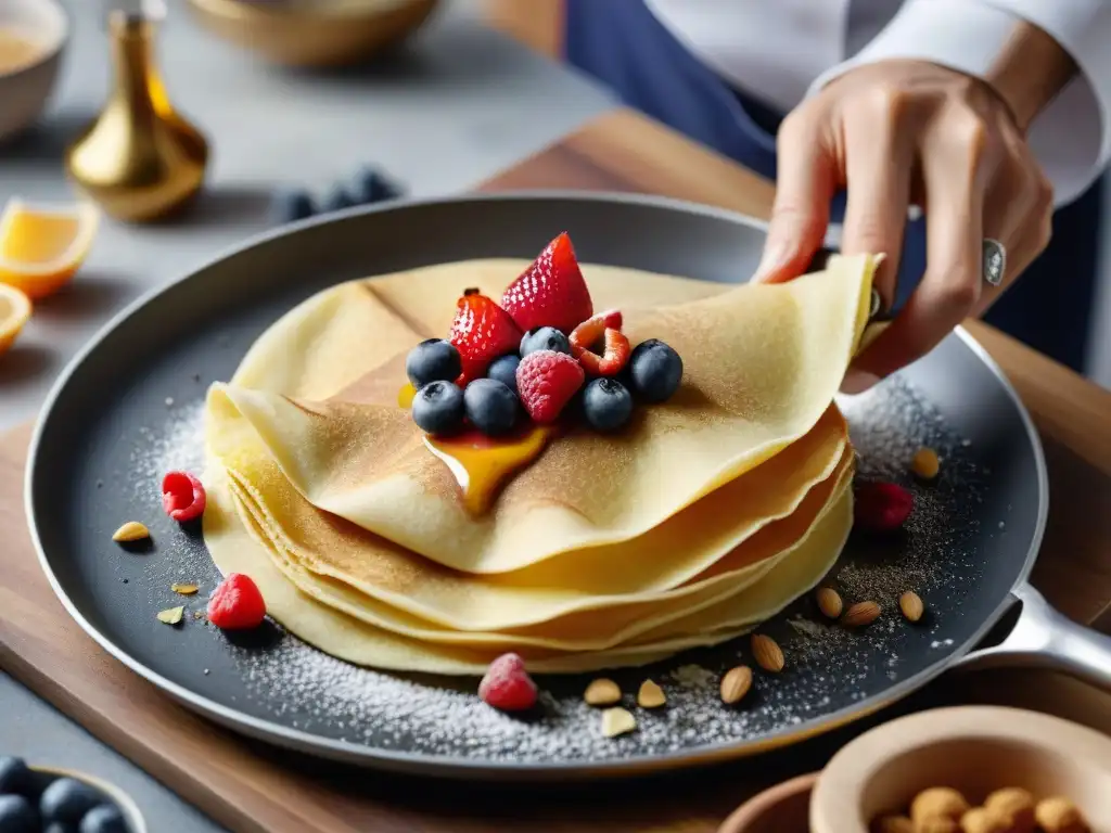 Un chef hábil voltea un crepe sin gluten en una sartén, destacando la flexibilidad y sabor auténtico del plato