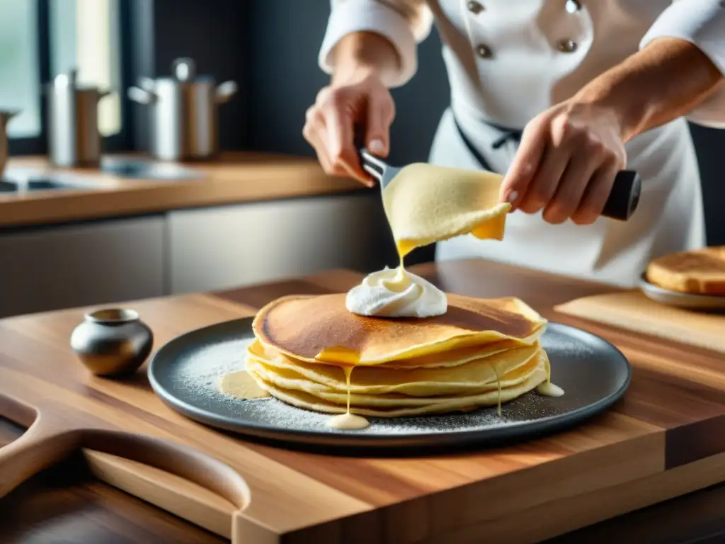 Chef preparando crepes sin gluten en cocina moderna