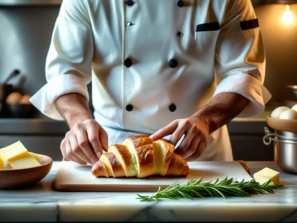 Un chef francés crea un croissant sin gluten con esmero en una cocina cálida