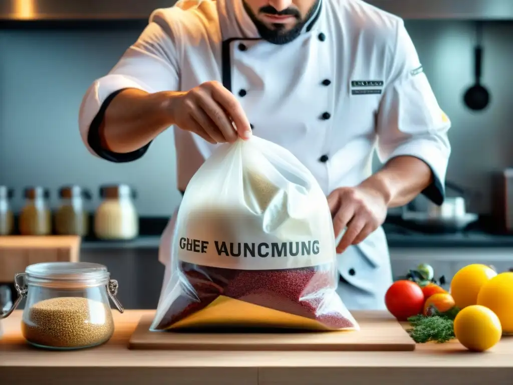 Un chef sazona con cuidado una bolsa sellada al vacío de ingredientes sin gluten, con una máquina sous vide cocinando en segundo plano, mostrando el proceso preciso y meticuloso de la cocción al vacío sin gluten