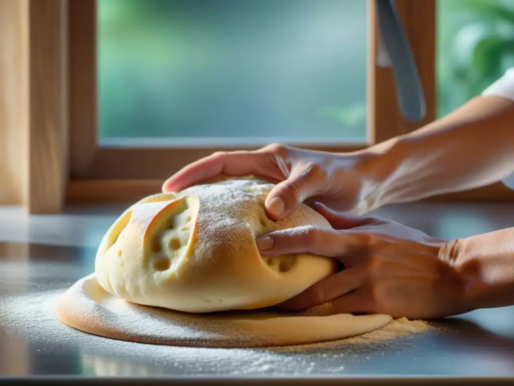 Un chef amasa con cuidado masa sin gluten en una encimera de mármol