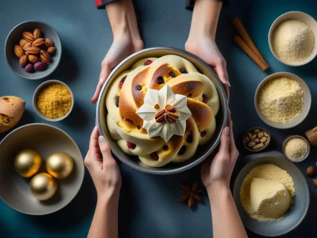 Un chef prepara con cuidado un panettone sin gluten para Navidad, rodeado de ingredientes festivos