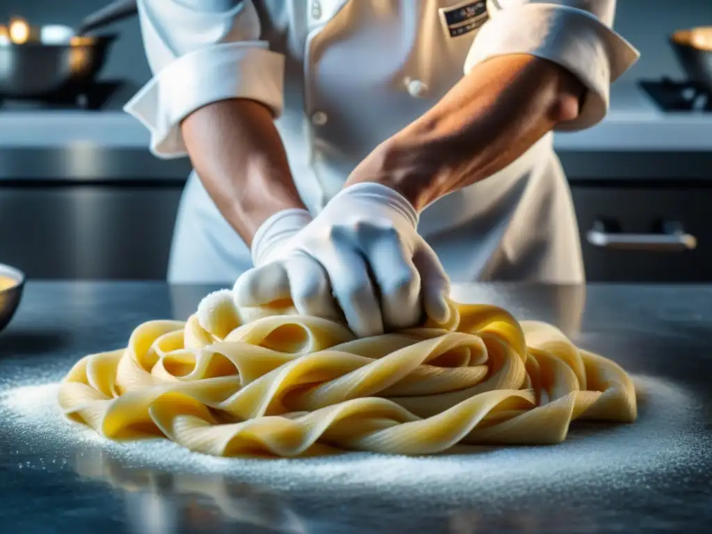 Un chef amasa con cuidado la pasta sin gluten, mostrando su textura única en un elegante mostrador de mármol