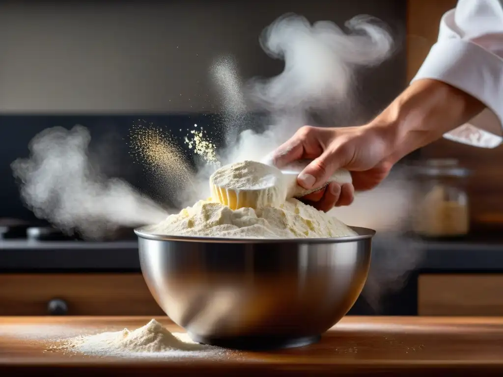 Un chef vierte con delicadeza harina sin gluten en un bol, con luz natural iluminando la escena