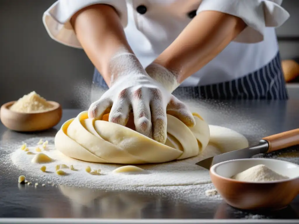 El chef sin gluten amasa con destreza sobre la encimera de mármol, evocando La Biblia del Cocinero Sin Gluten