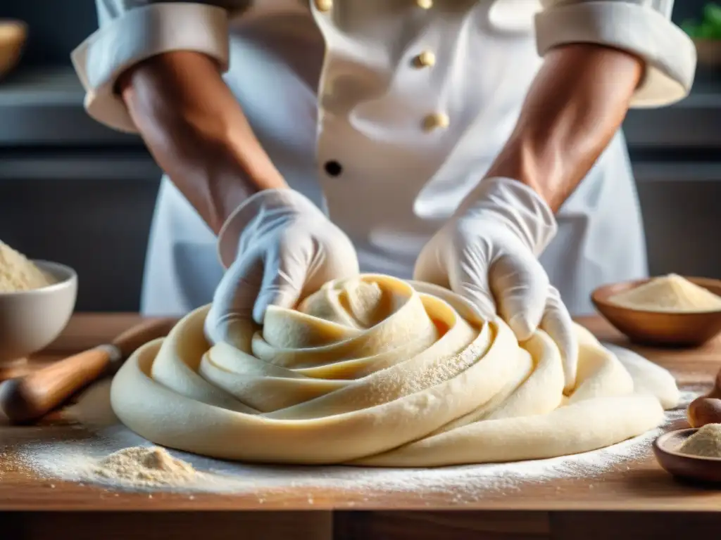 Un chef amasa con destreza una masa sin gluten en una cocina acogedora