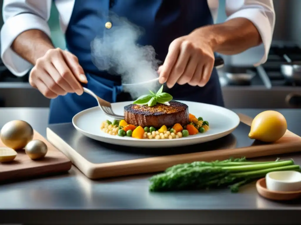 Un chef crea con destreza una obra culinaria proteica en una cocina sin gluten moderna y bien equipada, mostrando el arte de cocinar sin gluten