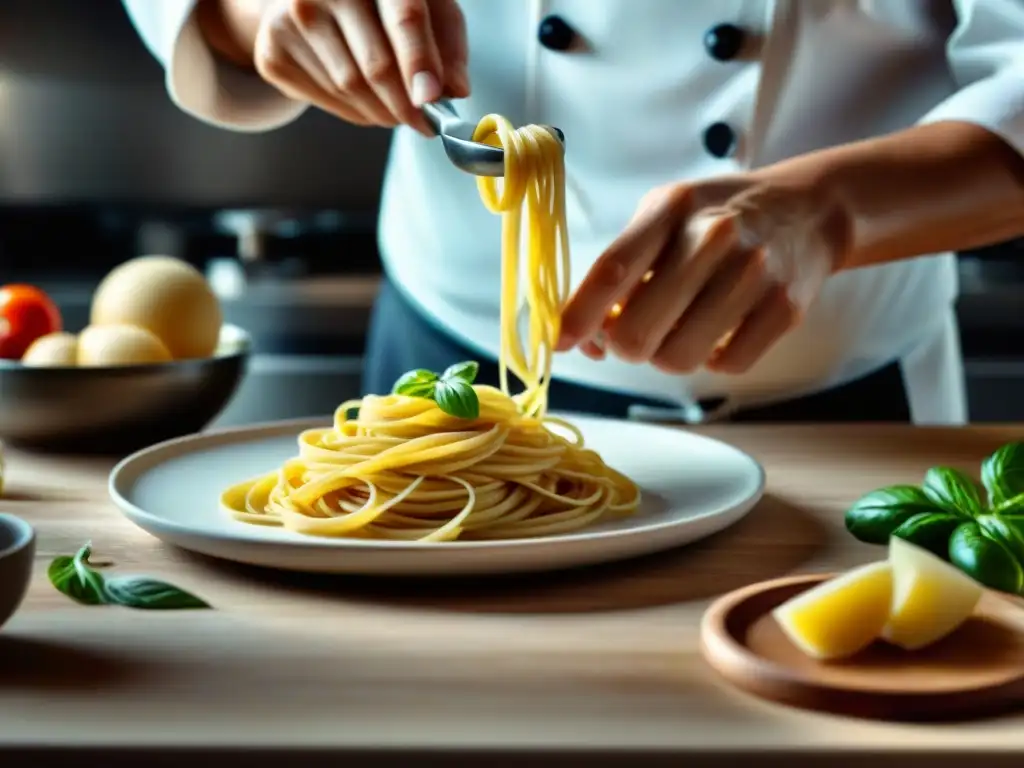 Un chef preparando con destreza una pasta sin gluten, mostrando su textura suave y elástica