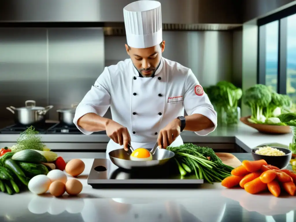 Un chef prepara con destreza una receta gourmet de huevos sin gluten en una cocina moderna y elegante