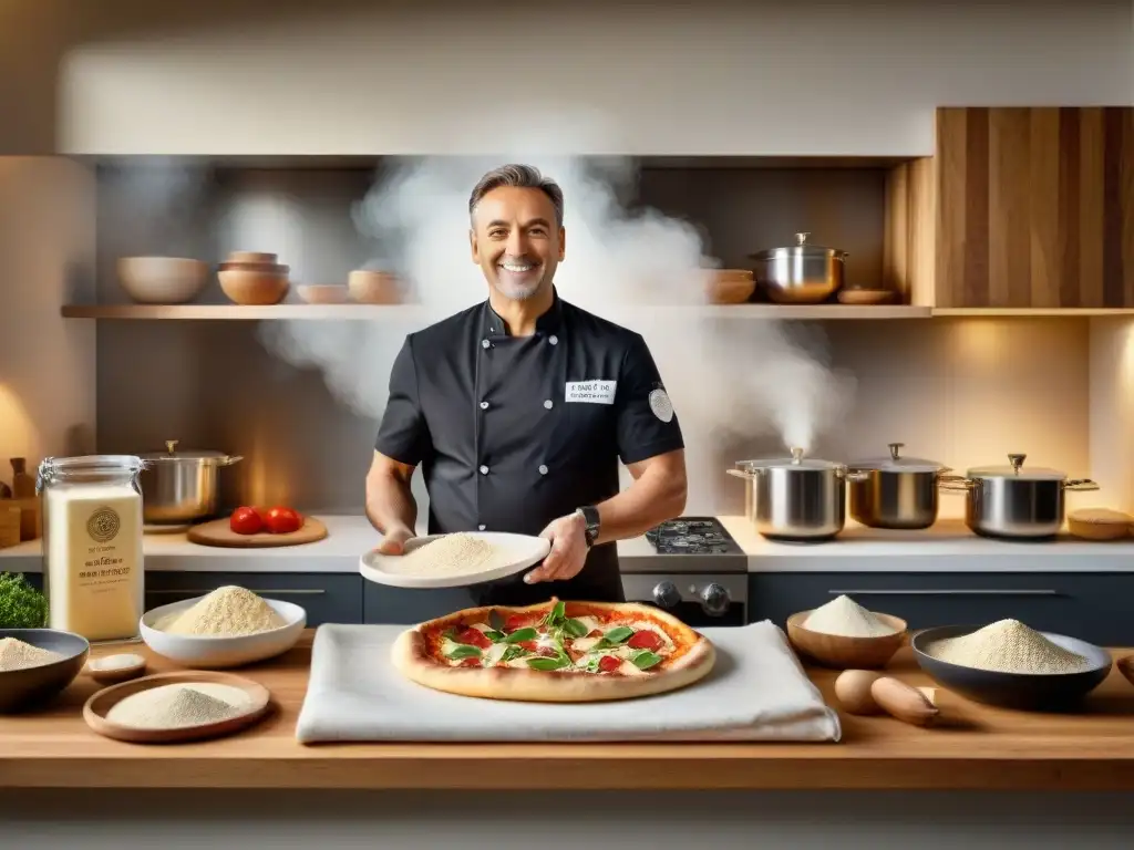 Un chef elegante en una cocina moderna haciendo pizza sin gluten con harinas alternativas